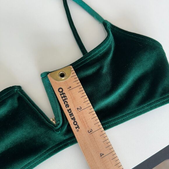 South Beach Forest Green Jade Velvet V-Cutout Bikini Top Gold Hardware 6 - Picture 12 of 13